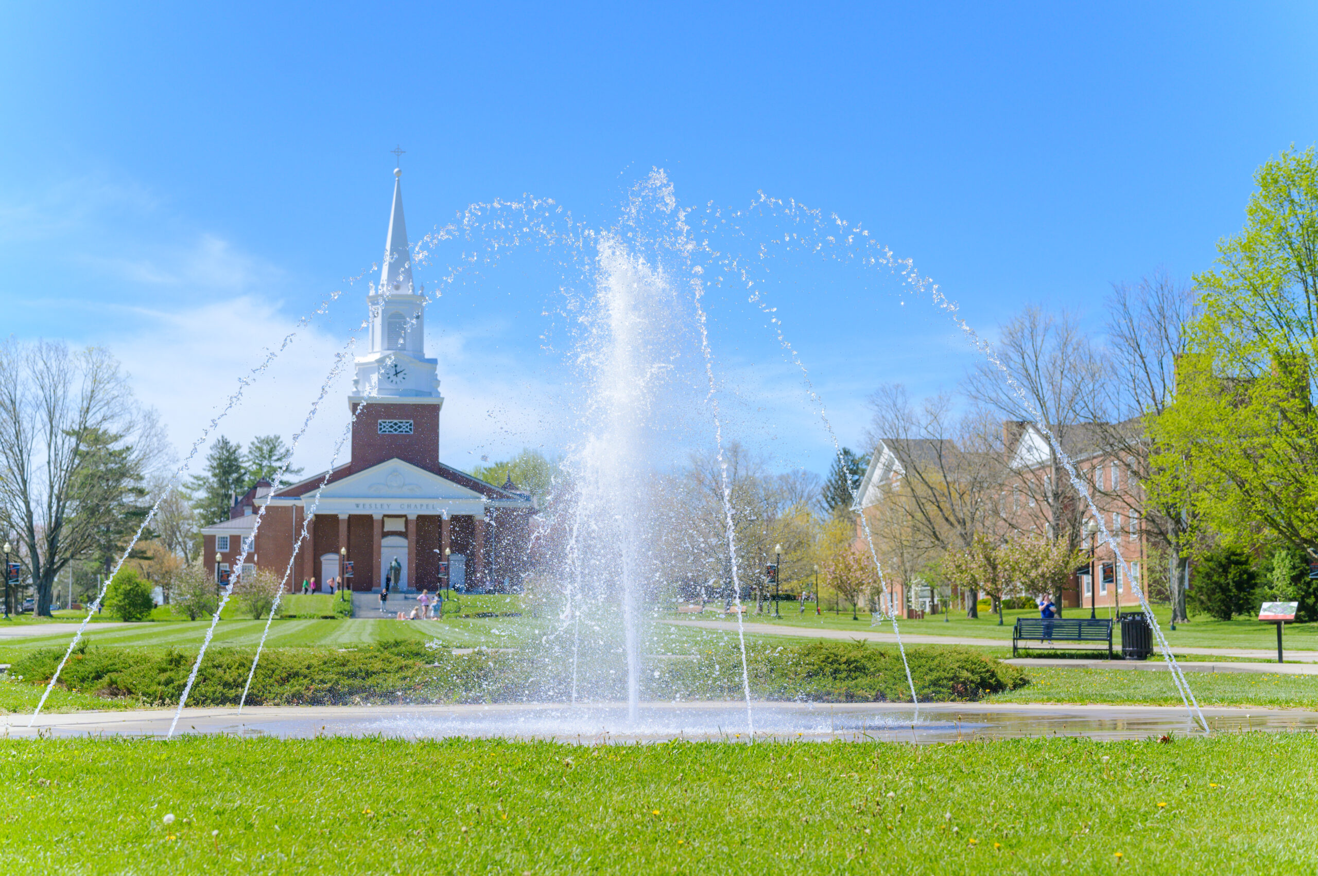 WVWC's campus, with fountain and Wesley Chapel
