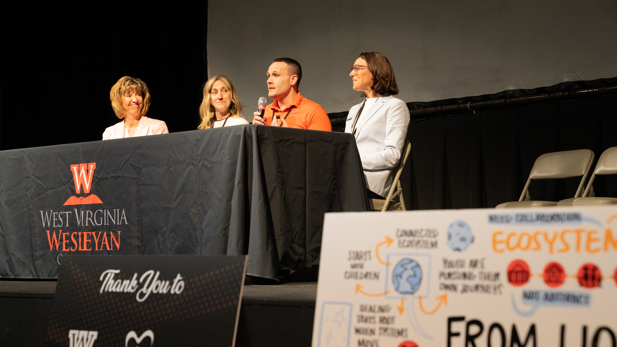 A presenter speaks during a four person panel presentation at the 2026 Summer Institute hosted by the Center for Addiction and Trauma at West Virginia Wesleyan College.